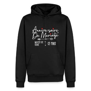 Anniversaire de mariage 12 ans - Noces de Soie - Sweat à capuche Premium bio Homme - noir - Devant - Nico (187cm)
