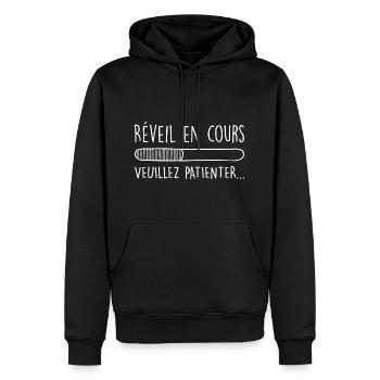 Réveil en cours de chargement Humour - Sweat à capuche Premium bio Homme - noir - Devant - Nico (187cm)