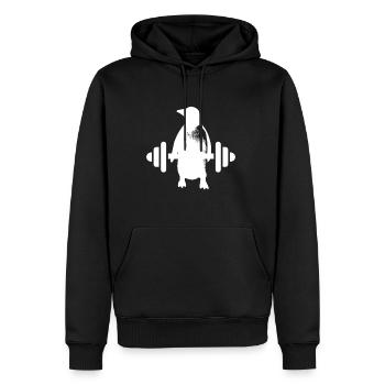 Bodybuilder Pinguin mit Hantel - Männer Premium Bio Hoodie - Schwarz - Vorne - Nico (187cm)