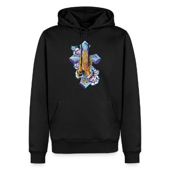 Croix mains priant le chapelet - Sweat à capuche Premium bio Homme - noir - Devant - Nico (187cm)