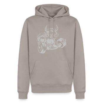 Bulle Beast Stier Hantel Fitness - Männer Premium Bio Hoodie - Taupe - Vorne - Nico (187cm)