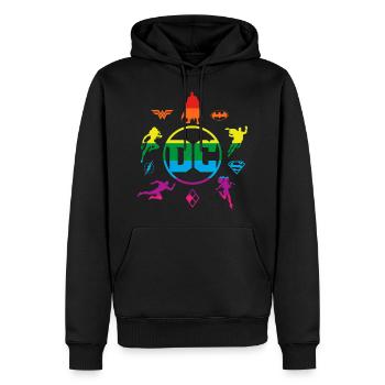 Justice League DC Superhelden Regenbogen Logos - Männer Premium Bio Hoodie - Schwarz - Vorne - Nico (187cm)