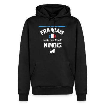Français mais surtout Nîmois / Nîmes - Sweat à capuche Premium bio Homme - noir - Devant - Nico (187cm)