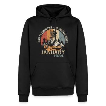 90 ans de grandeur depuis janvier 1934 - Sweat à capuche Premium bio Homme - noir - Devant - Nico (187cm)