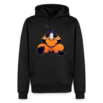 Niedliche dicke Hexe mit schwarzer Katze beim Joga - Männer Premium Bio Hoodie - Schwarz - Vorne - Nico (187cm)