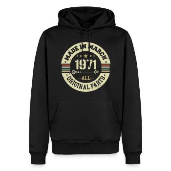 Légendaire depuis mars 1971 - Sweat à capuche Premium bio Homme - noir - Devant - Nico (187cm)