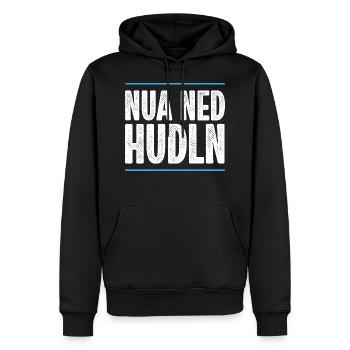 NUA NED HUDLN | BAYRISCH | DIALEKT - Männer Premium Bio Hoodie - Schwarz - Vorne - Nico (187cm)
