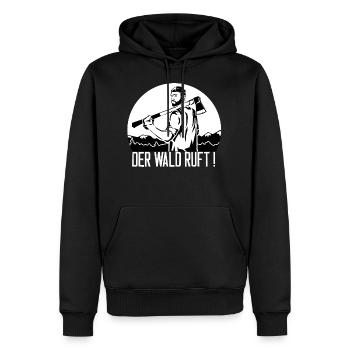 Der Wald ruft! Holzfäller mit Axt im Wald. - Männer Premium Bio Hoodie - Schwarz - Vorne - Nico (187cm)