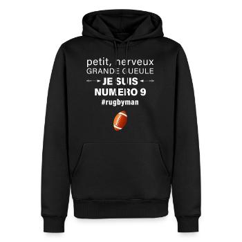 Rugby numero 9 - Sweat à capuche Premium bio Homme - noir - Devant - Nico (187cm)