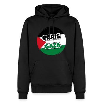 Drapeau de la Palestine rond avec texte PARIS GAZA - Sweat à capuche Premium bio Homme - noir - Devant - Nico (187cm)