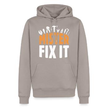 He repairs everything, he is the craftsman in the house - Men’s Premium Organic Hoodie - taupe - Front - Nico (187cm)