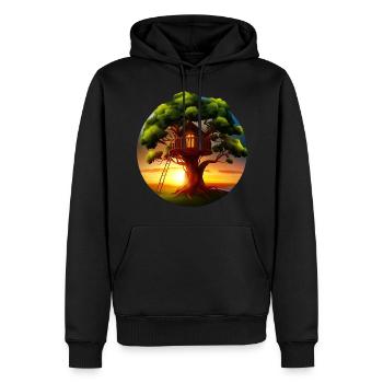 Cabane dans les arbres au coucher du soleil - Sweat à capuche Premium bio Homme - noir - Devant - Nico (187cm)