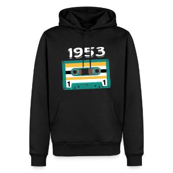 Kassette 1953 Jahrgang Jubiläum 1953 - Männer Premium Bio Hoodie - Schwarz - Vorne - Nico (187cm)