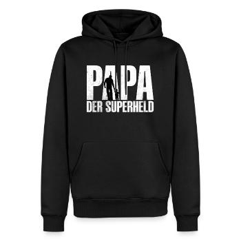 PAPA DER SUPERHELD Schön, dass es dich gibt! - Männer Premium Bio Hoodie - Schwarz - Vorne - Nico (187cm)