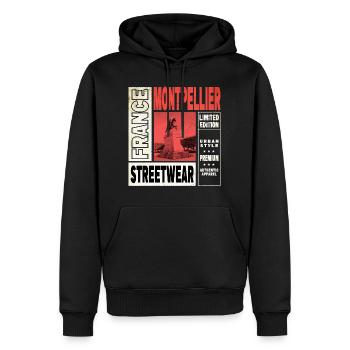 Montpellier France City Skyline Accueil Amour - Sweat à capuche Premium bio Homme - noir - Devant - Nico (187cm)