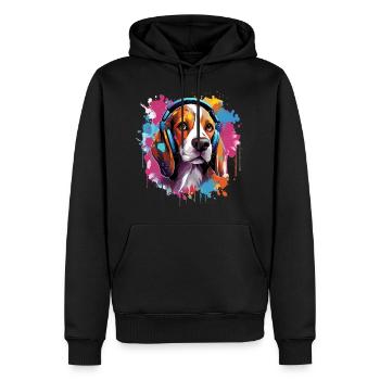 Bunter Beagle mit Kopfhörer Farbspritzer - Männer Premium Bio Hoodie - Schwarz - Vorne - Nico (187cm)