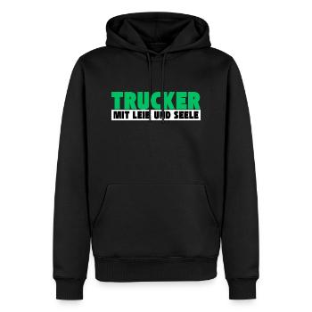Trucker mit Leib und Seele - Männer Premium Bio Hoodie - Schwarz - Vorne - Nico (187cm)