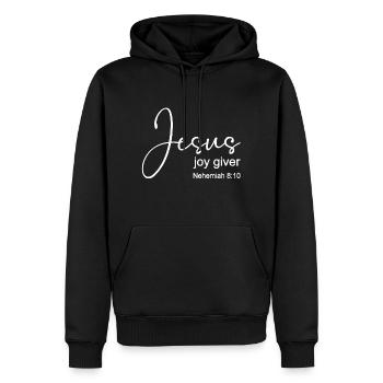 Christian Design Joy Giver Nehemia 8 Vers 10 - Männer Premium Bio Hoodie - Schwarz - Vorne - Nico (187cm)