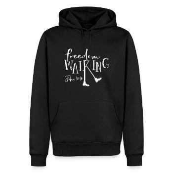 Christian Design Freedom Walking Johannes 10 Vers 10 - Männer Premium Bio Hoodie - Schwarz - Vorne - Nico (187cm)