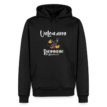 Christian Design Unloading Baggage Hebrews 12 - Men’s Premium Organic Hoodie - black - Front - Nico (187cm)
