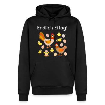 endlich Eitag, Eier, Hühner, Küken, Henne, Hahn - Männer Premium Bio Hoodie - Schwarz - Vorne - Nico (187cm)
