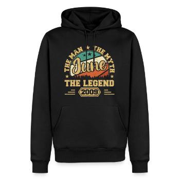 Juin 2009 L’Homme, le Myte, La légende, juin 2009 - Sweat à capuche Premium bio Homme - noir - Devant - Nico (187cm)