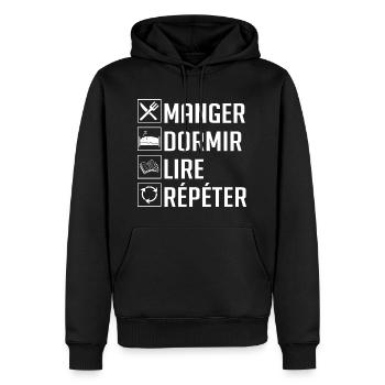Manger, Dormir, Lire, Répéter - Sweat à capuche Premium bio Homme - noir - Devant - Nico (187cm)