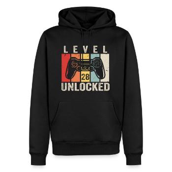 Niveau 28 Débloqué Cadeau d’anniversaire de 28 ans - Sweat à capuche Premium bio Homme - noir - Devant - Nico (187cm)
