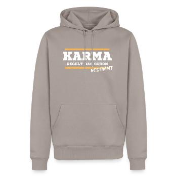 KARMA regelt das schon - bestimmt T-Shirt - Männer Premium Bio Hoodie - Taupe - Vorne - Nico (187cm)