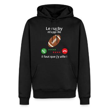 t shirt de rugby - le rugby m'appelle - Sweat à capuche Premium bio Homme - noir - Devant - Nico (187cm)