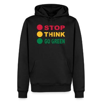 STOP - THINK - GO GREEN, 3c, eco, bio, geen, - Sweat à capuche Premium bio Homme - noir - Devant - Nico (187cm)