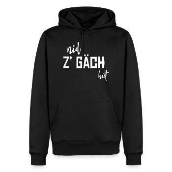 Schweizerdeutsch take it easy - Nid z gäch hüt - Männer Premium Bio Hoodie - Schwarz - Vorne - Nico (187cm)