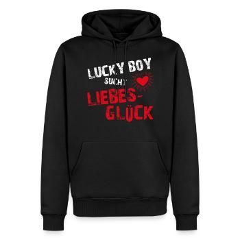 Lucky Boy sucht Liebesglueck - Männer Premium Bio Hoodie - Schwarz - Vorne - Nico (187cm)