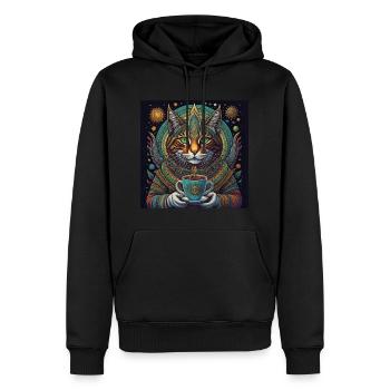 Katzen-Gottheit mit Kaffe im All - Männer Premium Bio Hoodie - Schwarz - Vorne - Nico (187cm)