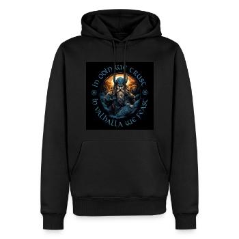 IN ODIN WE TRUST – IN VALHALLA WE FEAST / Wikinger - Männer Premium Bio Hoodie - Schwarz - Vorne - Nico (187cm)