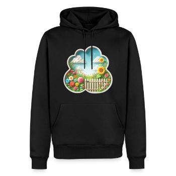 Jardin avec fleur sur prairie fleurie et tournesol - Sweat à capuche Premium bio Homme - noir - Devant - Nico (187cm)