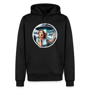 Alien UFO Invasion: Woman in panic - Men’s Premium Organic Hoodie - black - Front - Nico (187cm)