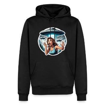 Alien Invasion: Frau rennt um ihr Leben - Männer Premium Bio Hoodie - Schwarz - Vorne - Nico (187cm)