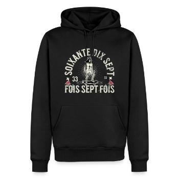 Soixante dix-sept fois sept fois - Sweat à capuche Premium bio Homme - noir - Devant - Nico (187cm)