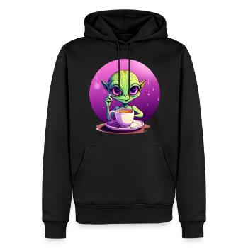 Mitternachts-Kaffee: Der grüne Alien-Trinker - Männer Premium Bio Hoodie - Schwarz - Vorne - Nico (187cm)