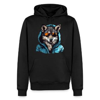 Grauer Wolf im Streetstyle | Wolfsliebhaber - Männer Premium Bio Hoodie - Schwarz - Vorne - Nico (187cm)