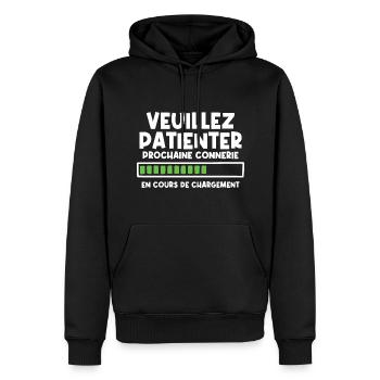 Veuillez patienter prochaine connerie en cours - Sweat à capuche Premium bio Homme - noir - Devant - Nico (187cm)