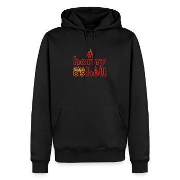 Horny As Hell Flames Sexy Joke Horny Fun - Men’s Premium Organic Hoodie - black - Front - Nico (187cm)