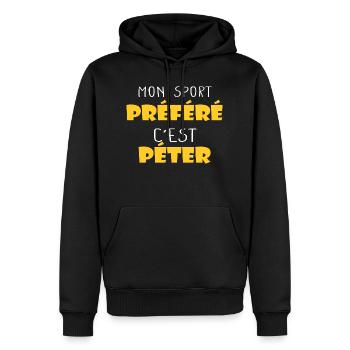 Péter - Sport - Cadeau - Drôle - Péteur - Prout - Sweat à capuche Premium bio Homme - noir - Devant - Nico (187cm)