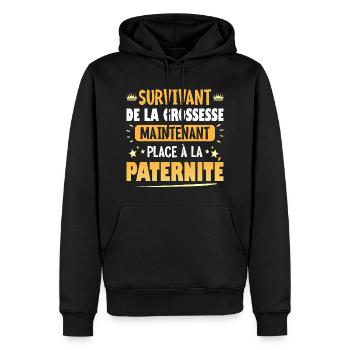 Humour Paternité Après Grossesse Jeune Papa 2024 - Sweat à capuche Premium bio Homme - noir - Devant - Nico (187cm)