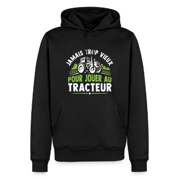 Jamais trop vieux pour jouer au tracteur - Sweat à capuche Premium bio Homme - noir - Devant - Nico (187cm)
