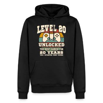 Stufe 20 freigeschaltet – 20. Jahrestag - Männer Premium Bio Hoodie - Schwarz - Vorne - Nico (187cm)