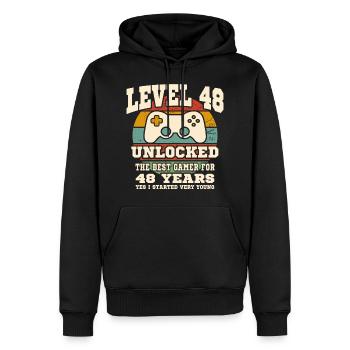 Level 48 unlocked - 48th anniversary - Men’s Premium Organic Hoodie - black - Front - Nico (187cm)