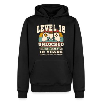 Stufe 12 freigeschaltet – 12. Jahrestag - Männer Premium Bio Hoodie - Schwarz - Vorne - Nico (187cm)