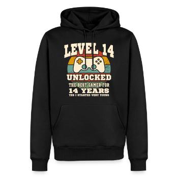 Stufe 14 freigeschaltet – 14. Jahrestag - Männer Premium Bio Hoodie - Schwarz - Vorne - Nico (187cm)